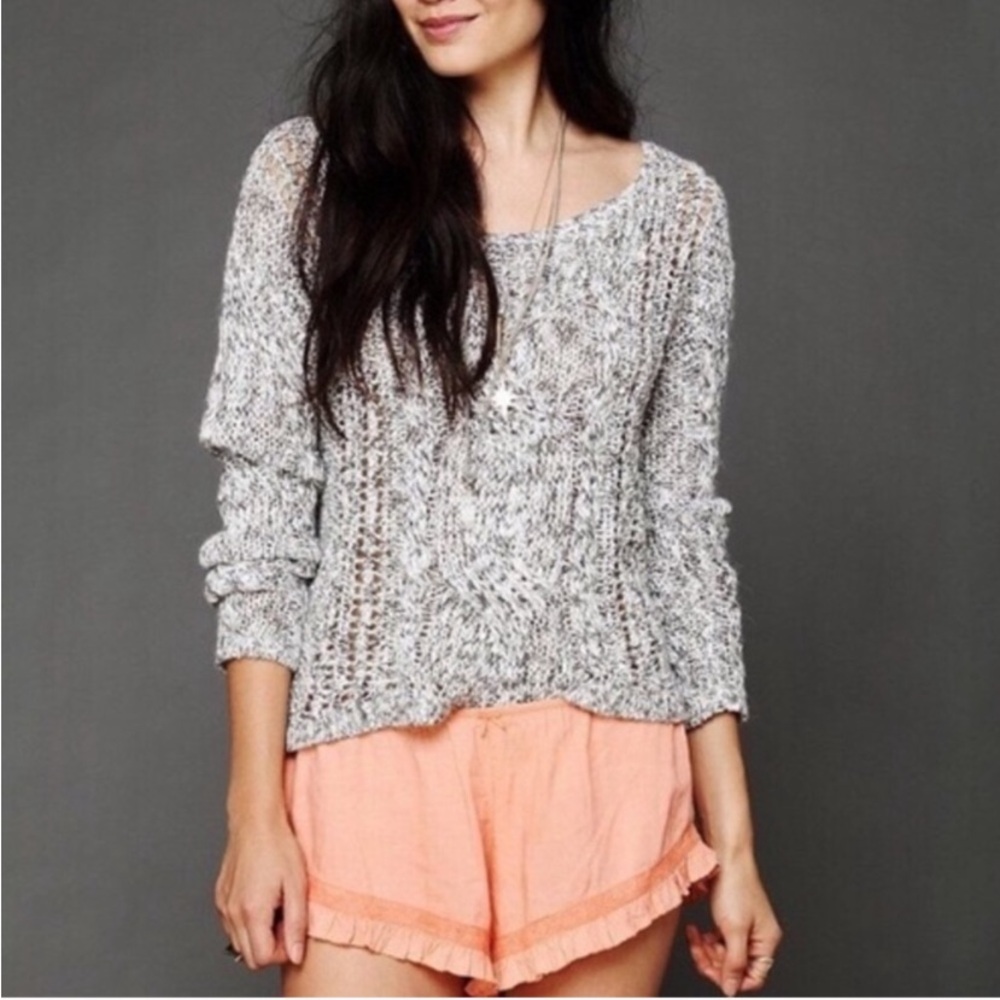 Free People Linen Wool Alpaca Blend Open Weave Marled Gray Pullover Sweater - Picture 5 of 12